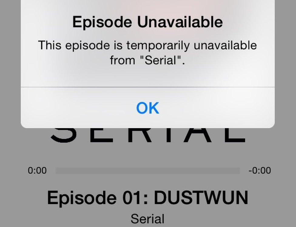 Screengrab showing Serial podcast being unavailable