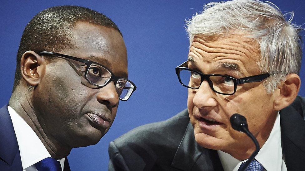 Tidjane Thiam and chairman Urs Rohner at a Credit Suisse shareholders' meeting