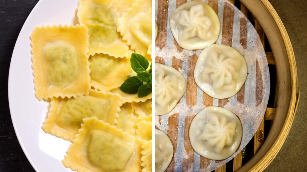 Composite image showing a plate of ravioli and a steamer of Shanghai dumplings