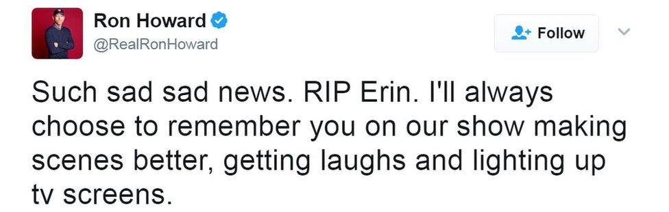 Ron Howard's tweet reads, "Such sad sad news. RIP Erin."