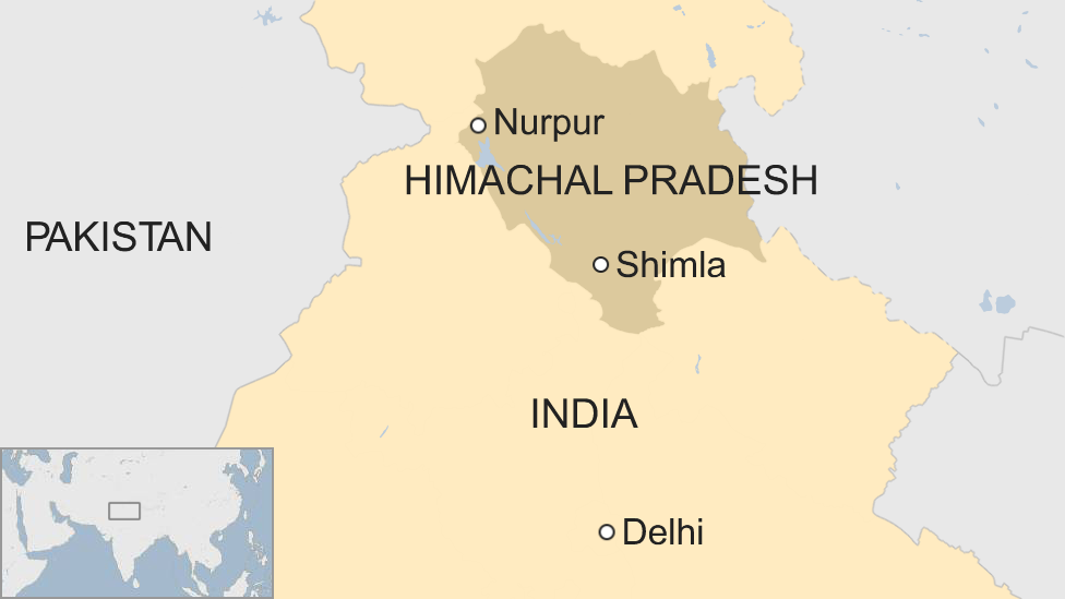 Map shows Nurpur in the northern Himalayan state of Himachal Pradesh, India