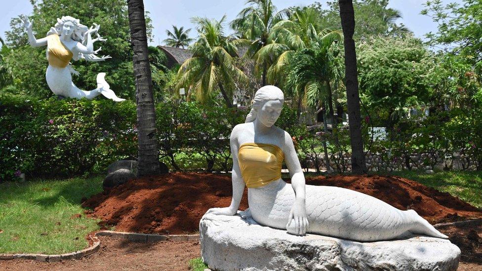 Mermaid statues covered up at Ancol Dreamland theme park in Indonesia's capital, Jakarta