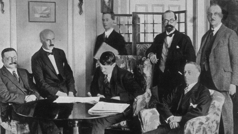 Irish delegation in London at the signing of the Anglo-Irish Treaty in December 1921