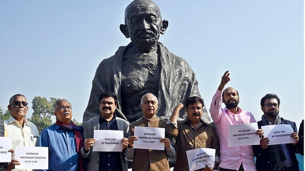 Ps from the Left parties stage a protest to demand the implementation of Supreme Court's verdict on PF pension and enhancement of the minimum pension to Rs 9,000 per month, during Budget Session of Parliament at Parliament House complex during Budget Session, on February 10, 2023 in New Delhi, India.