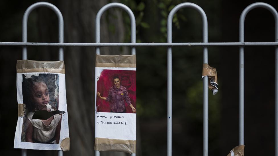 Missing people signs remain around the site of Grenfell Tower on July 12, 2017 in London, England.