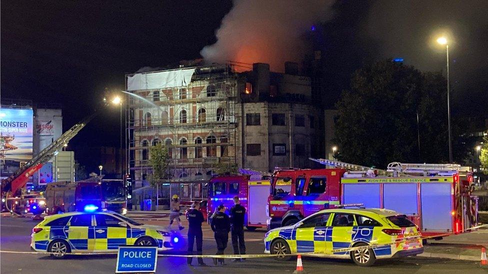 Burning hotel building