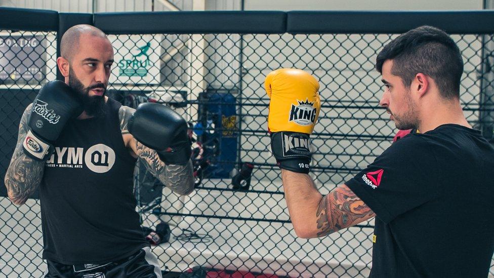 Gareth Johnson with striking coach Michael Lucy at Gym01