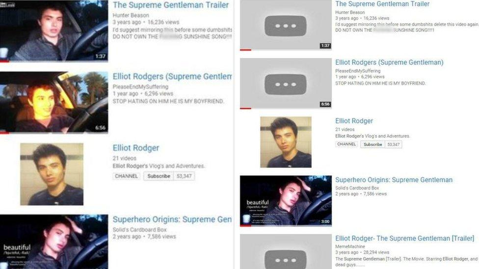 Screenshots show YouTube has took down videos BBC contacted them about (before and after showing thumbnails missing)