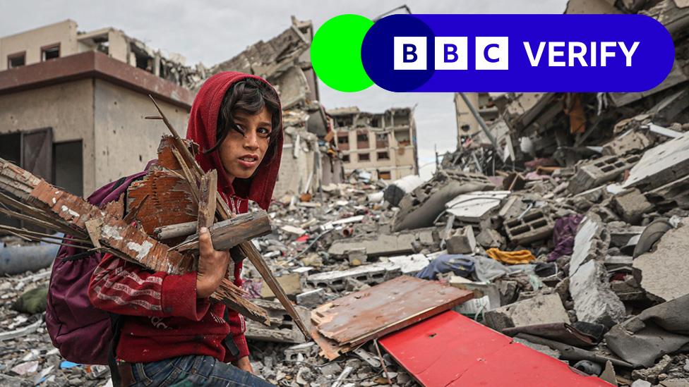 Child standing around destroyed buildings in Gaza City