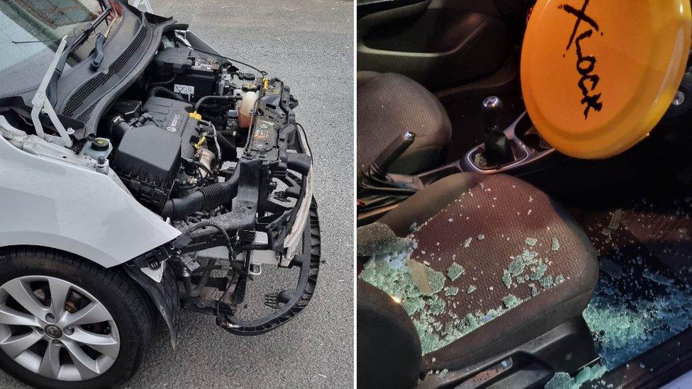 Two images of Jason's car which was damaged after it was stripped