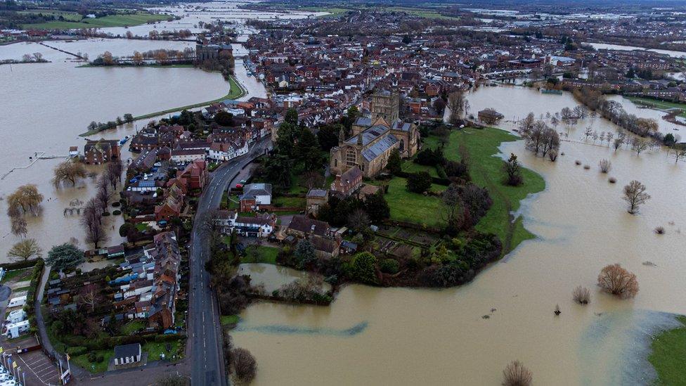 Flooding around Tewkesbury Abbey, in Gloucestershire