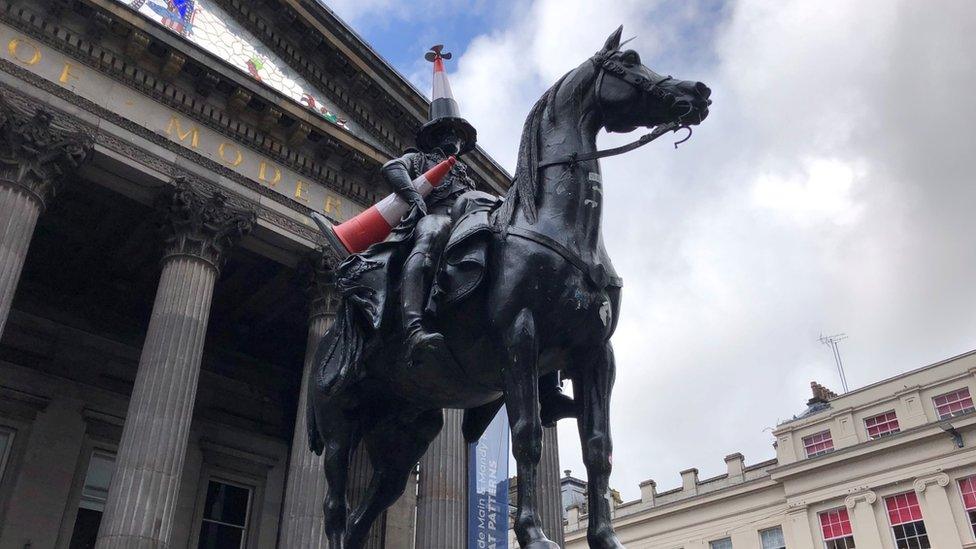 Duke of Wellington statue with a cone with a propeller on top