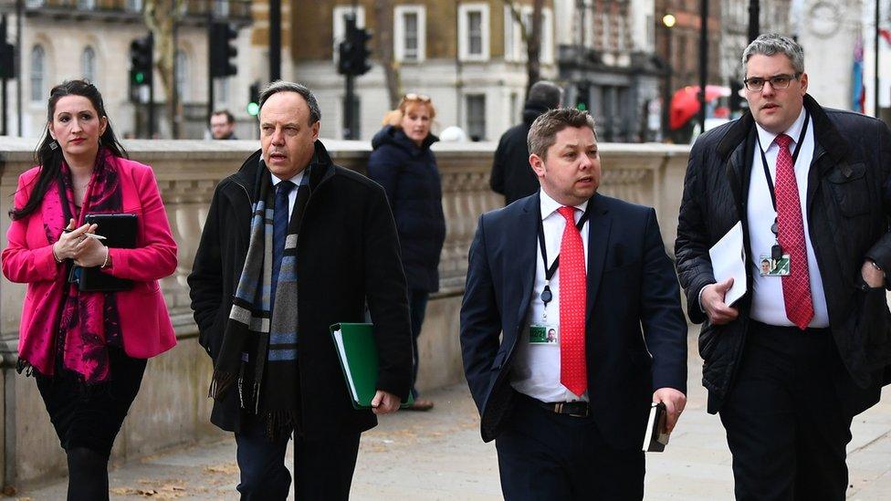 DUP delegation including Emma Little Pengelly, deputy leader Nigel Dodds (second left) and Gavin Robinson (right) in London