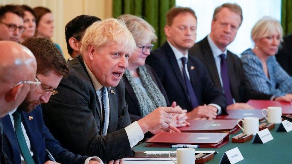 Prime Minister Boris Johnson speaks during a cabinet meeting at 10 Downing Street in London