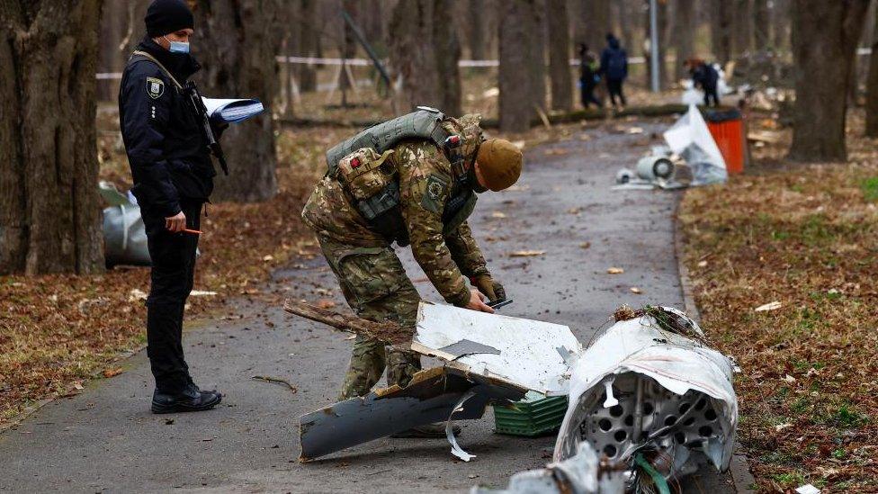 Police officers inspect a part of a Russian Kh-55 cruise missile, intercepted during a missile strike, amid Russia's attack on Ukraine, in a park in Kyiv, Ukraine March 24, 2024