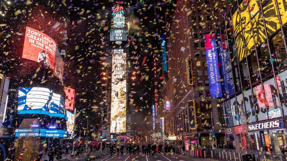 Confetti falls in Times Square