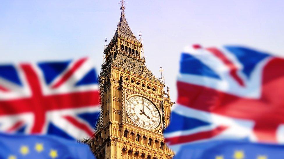 Big Ben surrounded by UK and EU flags