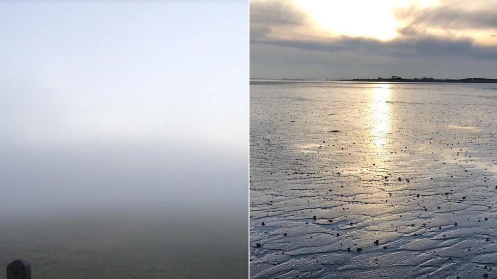 Fog in Northumberland and sun on beach in Cumbria