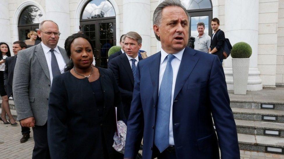 FIFA Secretary General Fatma Samoura (L, front), Russian Sports Minister Vitaly Mutko (R) and CEO of 2018 FIFA World Cup Russia local organising committee (LOC) Alexei Sorokin (R, back)