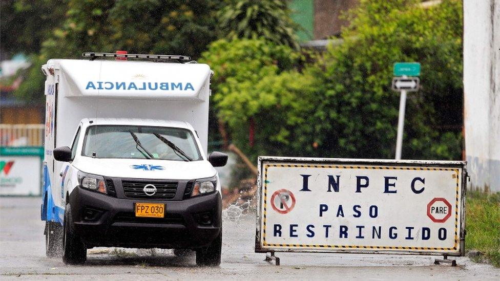 An ambulance arrives at the Villavicencio prison on 8 May