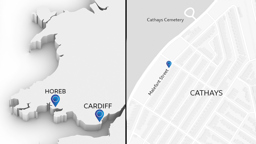 Map showing Malefant Street in Cardiff and Horeb in Carmarthenshire, the small village where Carol Ann Stephens' body was found