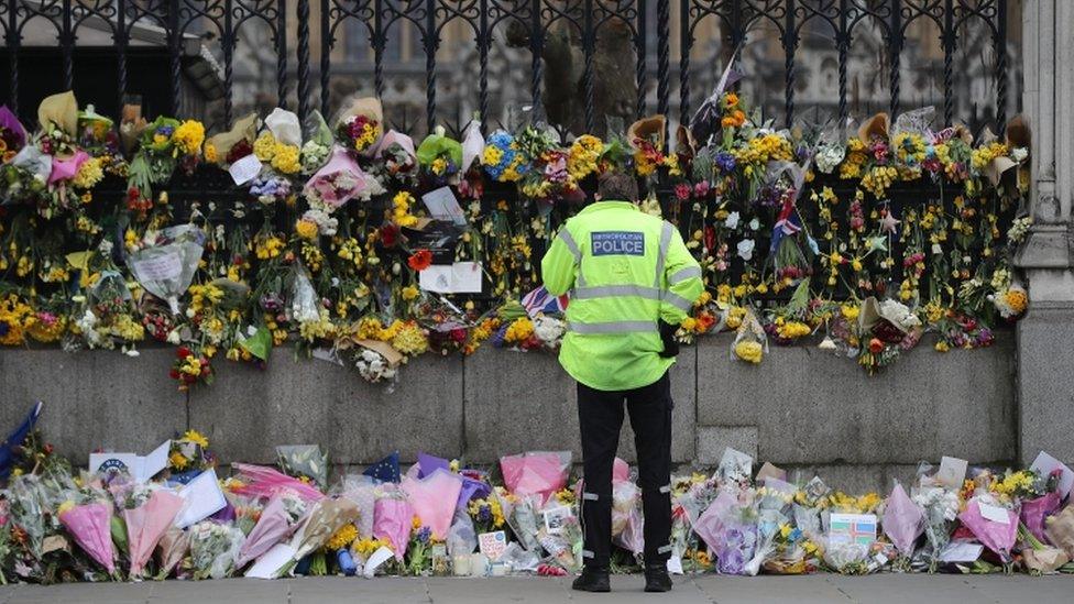 Flowers outside the Palace of Westminster