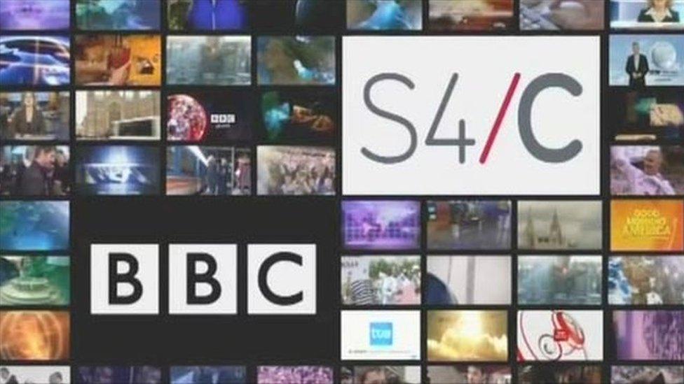 BBC and S4C logos against a bank of TV screens