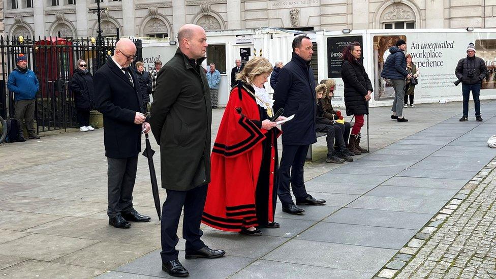 Lord Mayor of Liverpool Mary Rasmussen lead silence at Liverpool's Exchange Flags