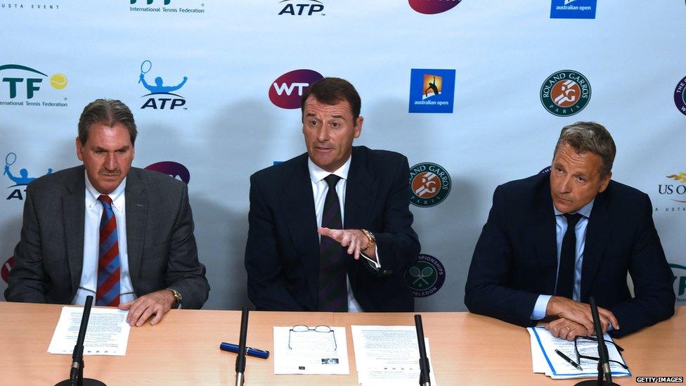 International Tennis Federation President David Haggerty. Tennis Integrity Board Chairman Philip Brook and Association of Tennis Professionals Chairman Chris Kermode