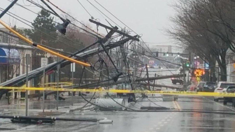 Downed power lines in Watertown, Massachusetts.