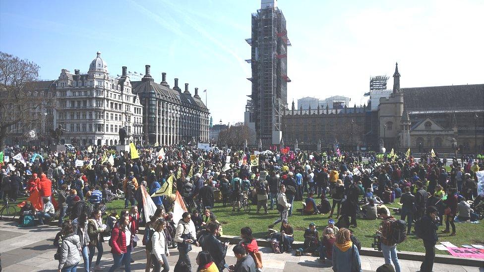 Demonstrators during a Extinction Rebellion protest in Parliament Square