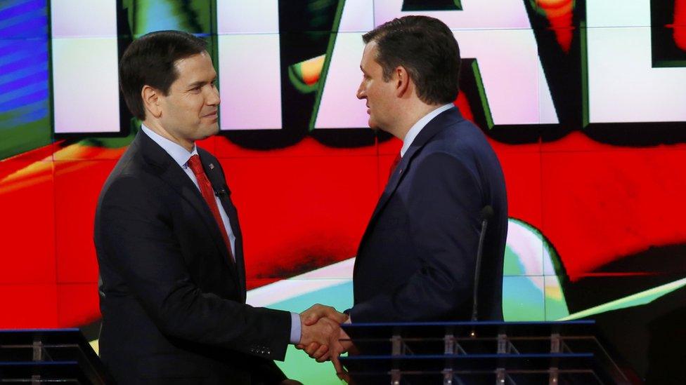 Republican U.S. presidential candidates Marco Rubio (L) and Ted Cruz shake hands at the conclusion of the debate sponsored by CNN for the 2016 Republican U.S. presidential candidates in Houston, Texas, February 25, 2016