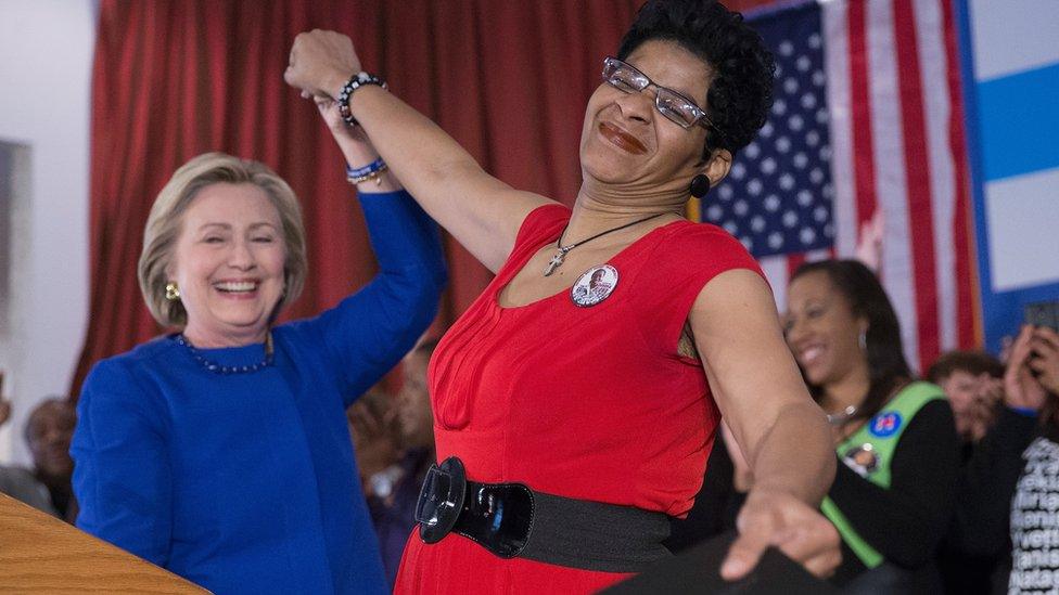 emocratic presidential candidate Hillary Clinton is introduced at a campaign rally in the historic Bronzeville neighborhood by Geneva Reed-Veal, the mother of Sandra Bland, on February 17, 2016