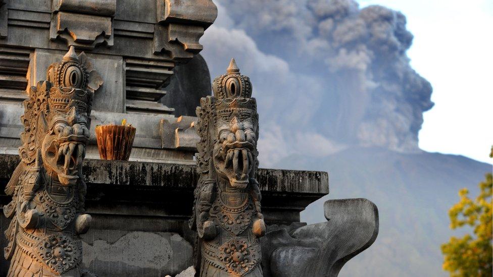 Balinese temple in front of Mount Agung.