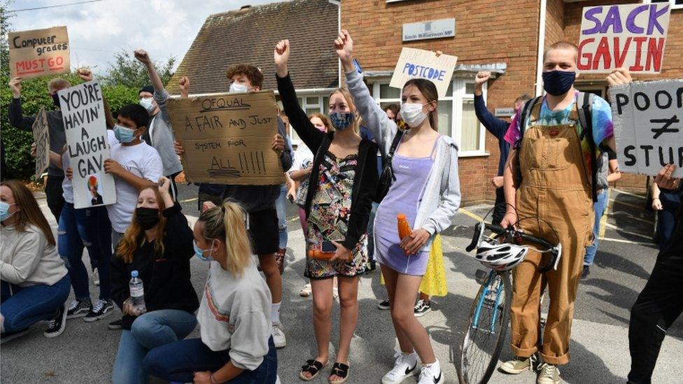 Students from Codsall Community High School protest outside the constituency office of their local MP, Education Secretary Gavin Williamson,