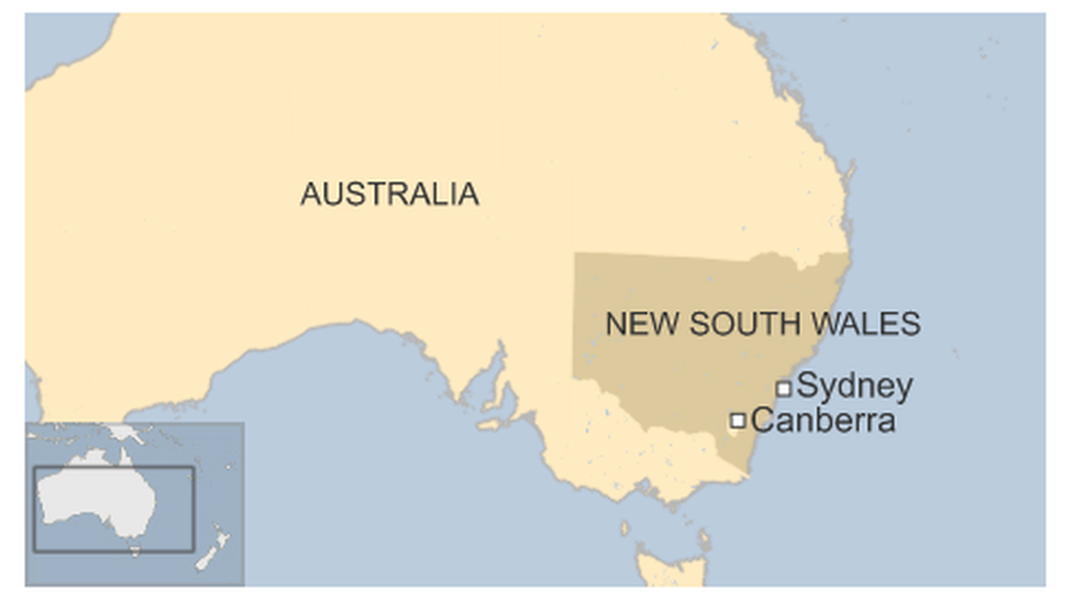 Australian map highlighting New South Wales state and the cities of Sydney and Canberra