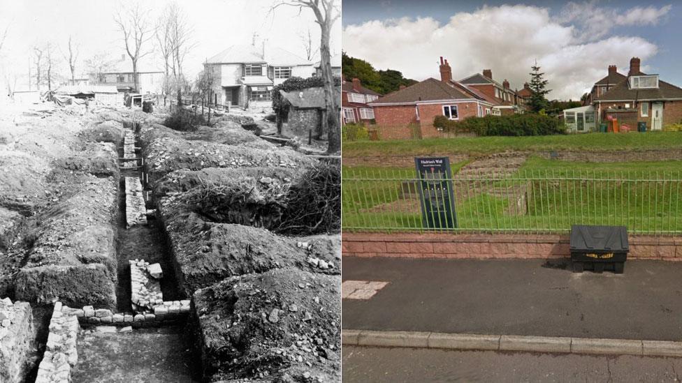 Excavation of Benwell Fort in 1937, and Denhill Park today