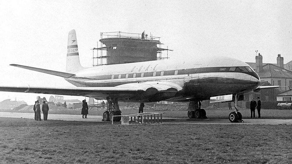 The first four engine jet liner the Comet at Luton Municipal Airport in 1952