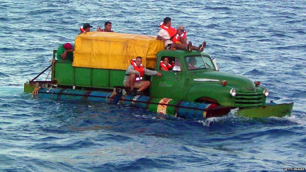 Cuban migrants on a makeshift boat