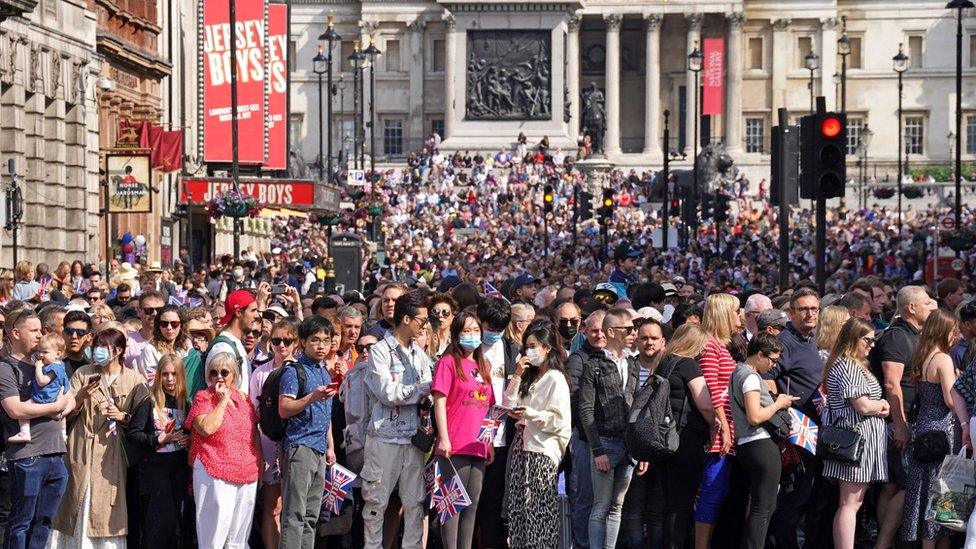 Crowd in Trafalgar Square for Trooping of the Colour