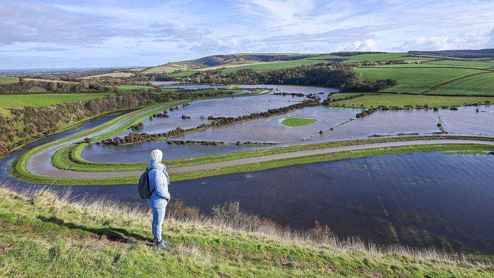 Flooded fields and farmland at Alfriston, East Sussex, by the River Cuckmere which burst its banks.