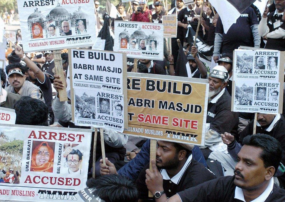 Indian Muslims at a demonstration in 2004 to mark the anniversary of the mosque's demolition.