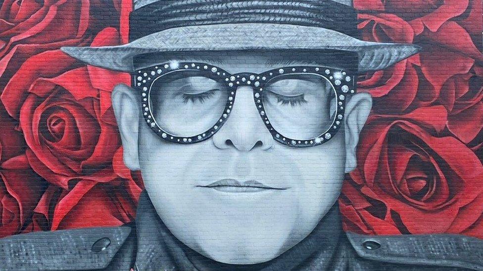 Mural of Sir Elton John on the side of Watford library