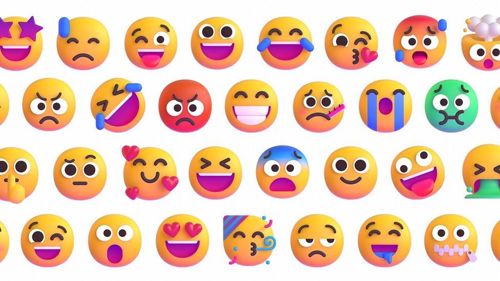 A sample of images from Microsoft's emoji redesign blog post, showing smiley faces in dozens of variations