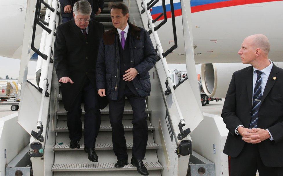 Sergey Naryshkin and Russian diplomat Alexey Borodavkin arriving in Geneva (20 October)