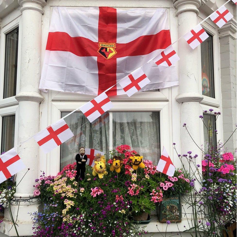 Knitted England players in a window box