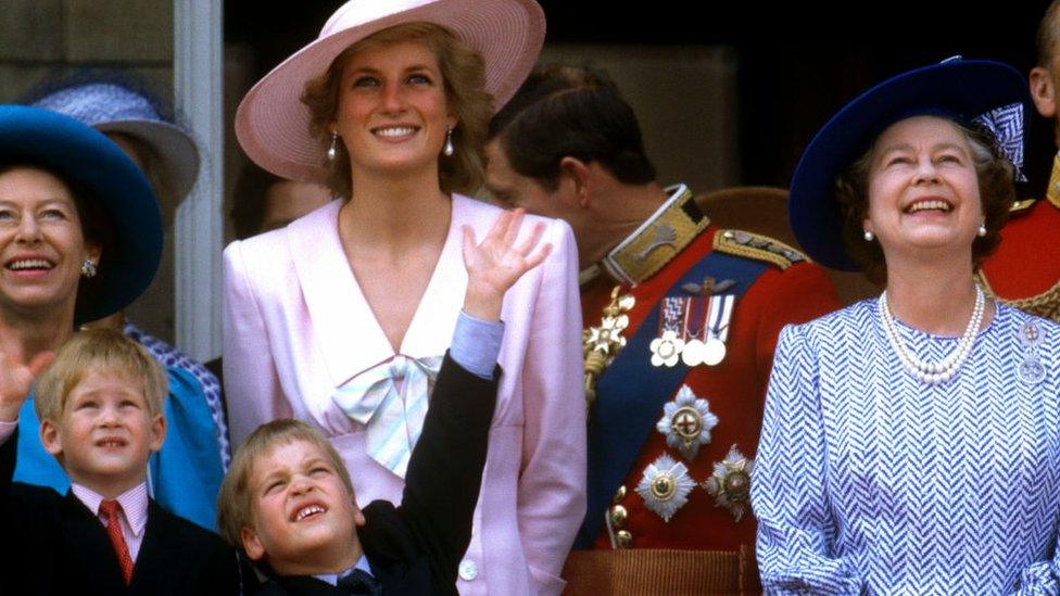 The Queen on the balcony of Buckingham Palace with Princess Diana and other members of the Royal Family.