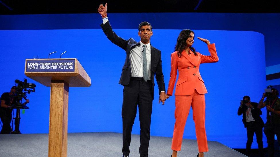 Rishi Sunak at the Tory conference with his wife Akshata Murty