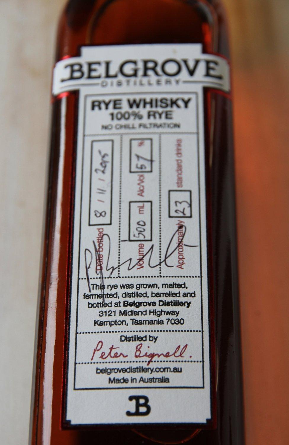 Signed bottle of Belgrove Distillery's whisky