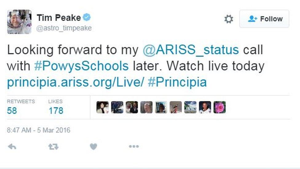 A tweet in which Tim Peake says he's looking forward to his link-up with Powys Schools
